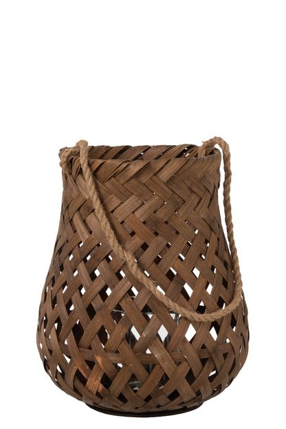 Lantaarn Geweven Ronde Bamboe/Glas Donkerbruin Groot