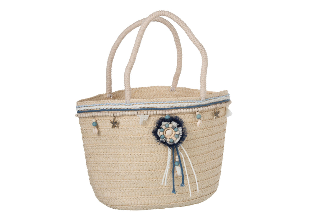 J-Line Strandtas Parels Kwast Blauw/Ecru