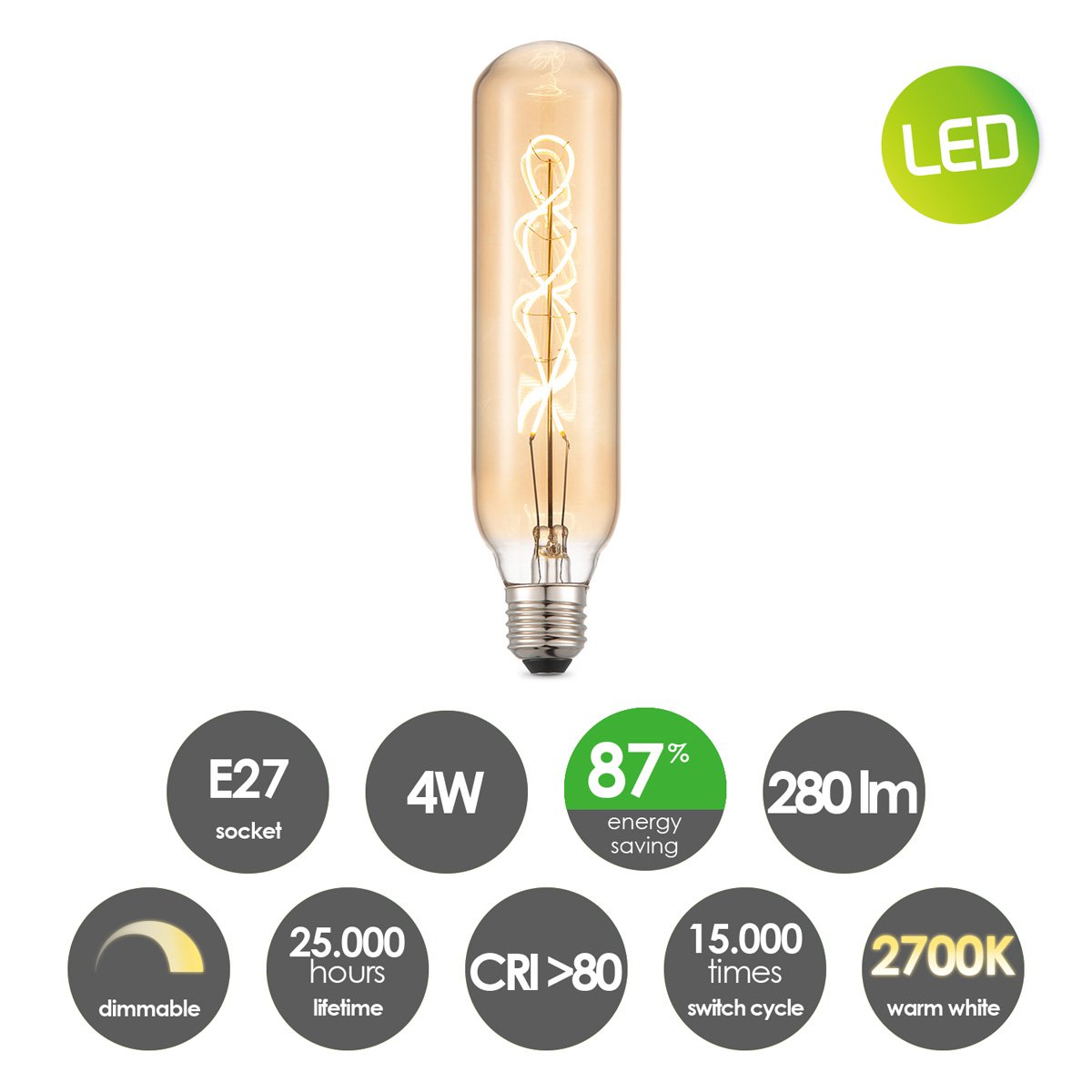 dimbare Led Tube Spiraal E27 4W 280Lm 2700K Amber