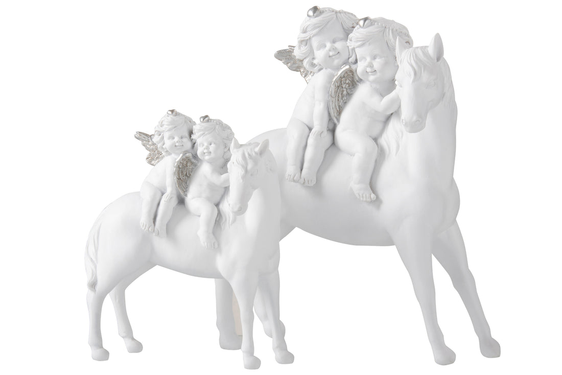J-Line Paard Met 2 Engelen Poly Wit/Zilver Large