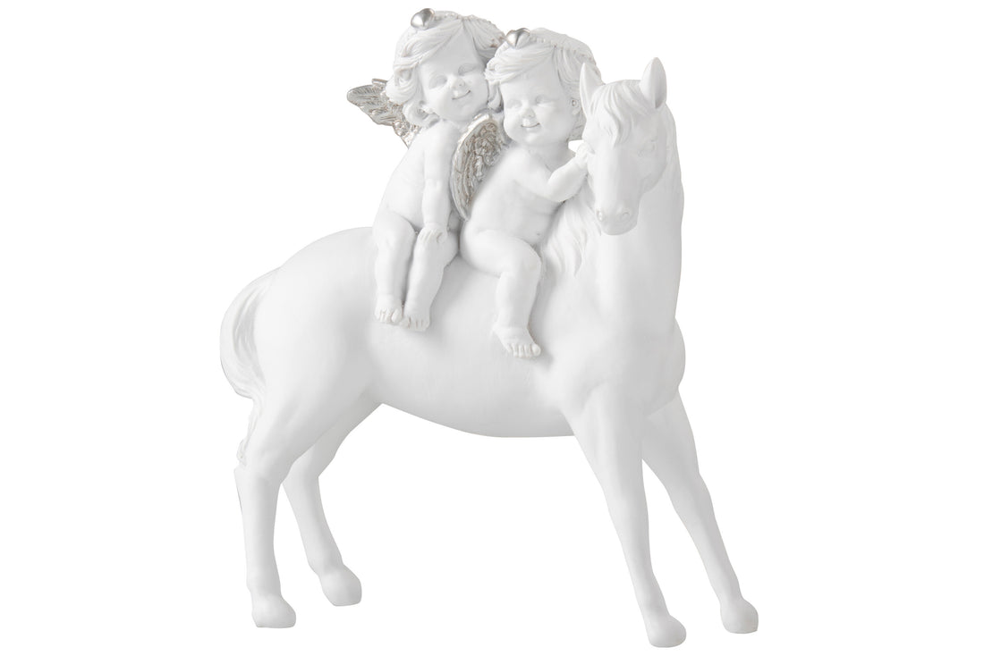 J-Line Paard Met 2 Engelen Poly Wit/Zilver Large