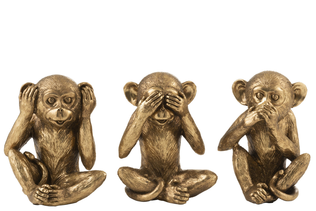Aap Hoor/Zie/Praat Geen Kwaad Antiek Goud Set van 3