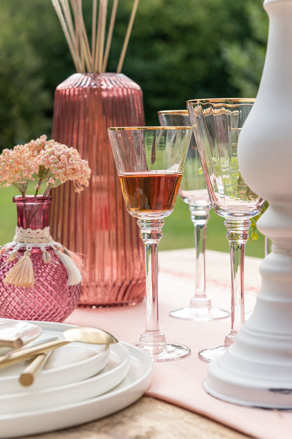 J-Line Rand wijnglas - rode wijn - glas - transparant/ goud - 6x