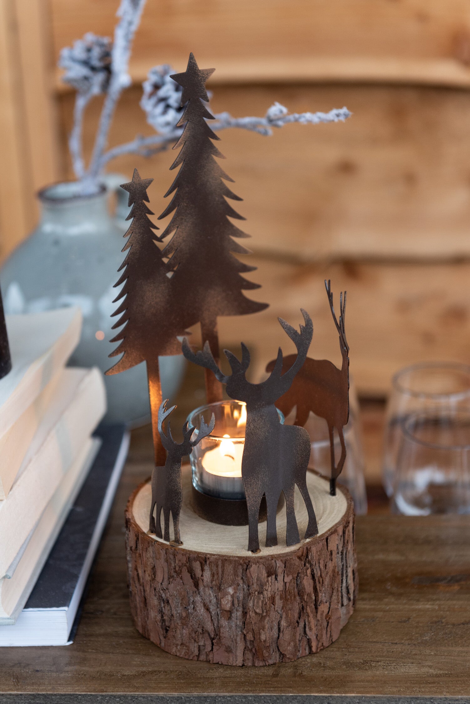 J-Line Tealight Holder Christmas Wood/Metal Natural/Brown Medium