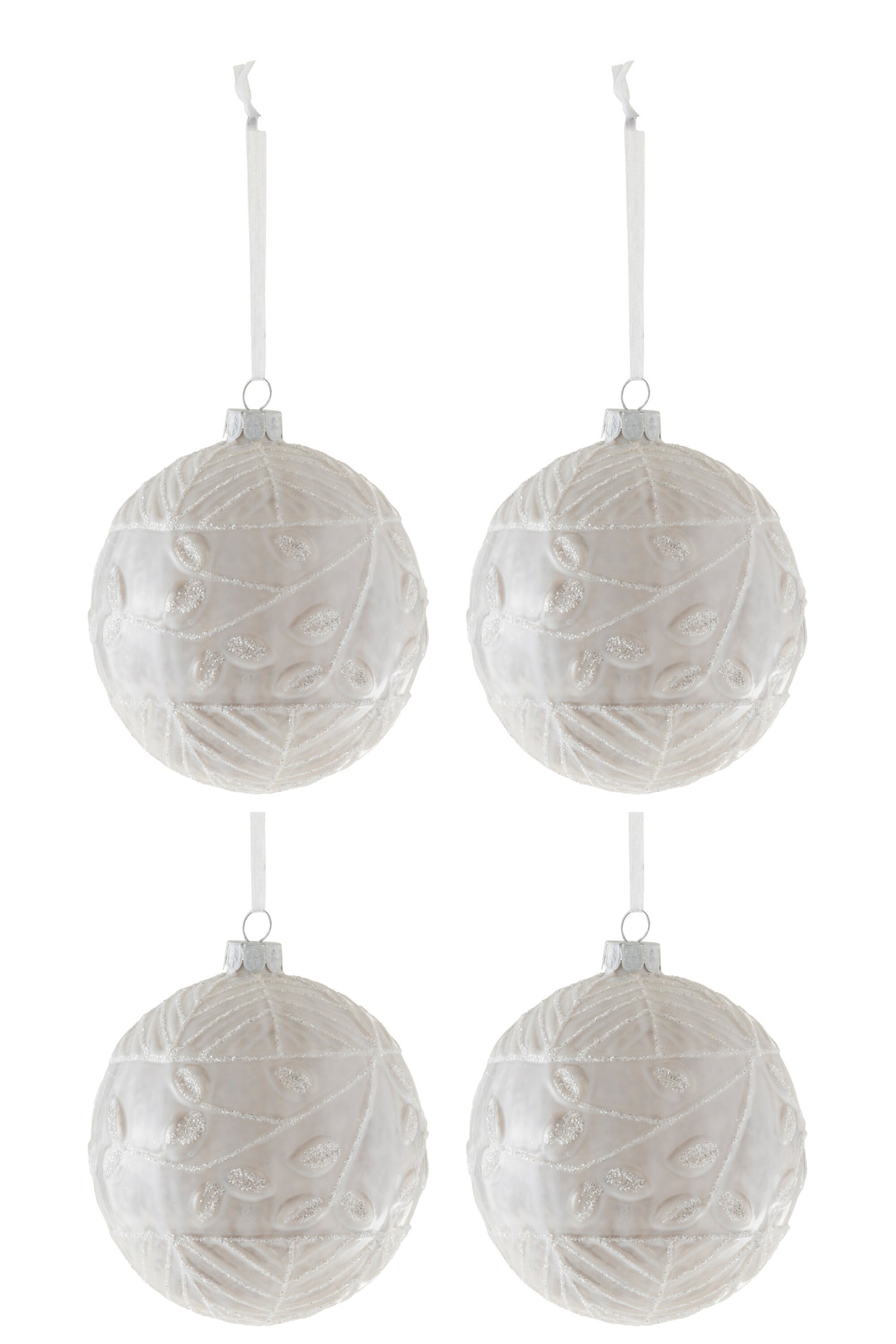 J-Line Box Of 4 Christmas Baubles Leaf Glitter Glass White Medium