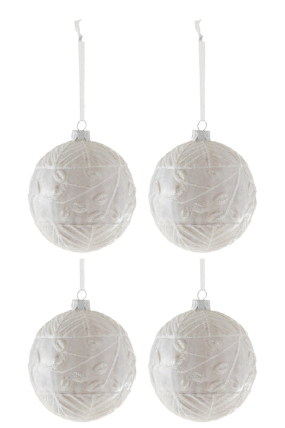 J-Line Box Of 4 Christmas Baubles Leaf Glitter Glass White Medium