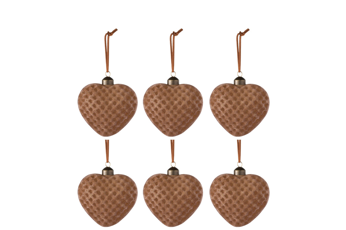J-Line Doos met 6 kerstballen Hart fluweel glas bruin klein