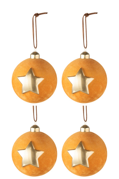 J-Line Box Of 4 Christmas Baubles Velvet Star Glass Ochre/Gold Medium