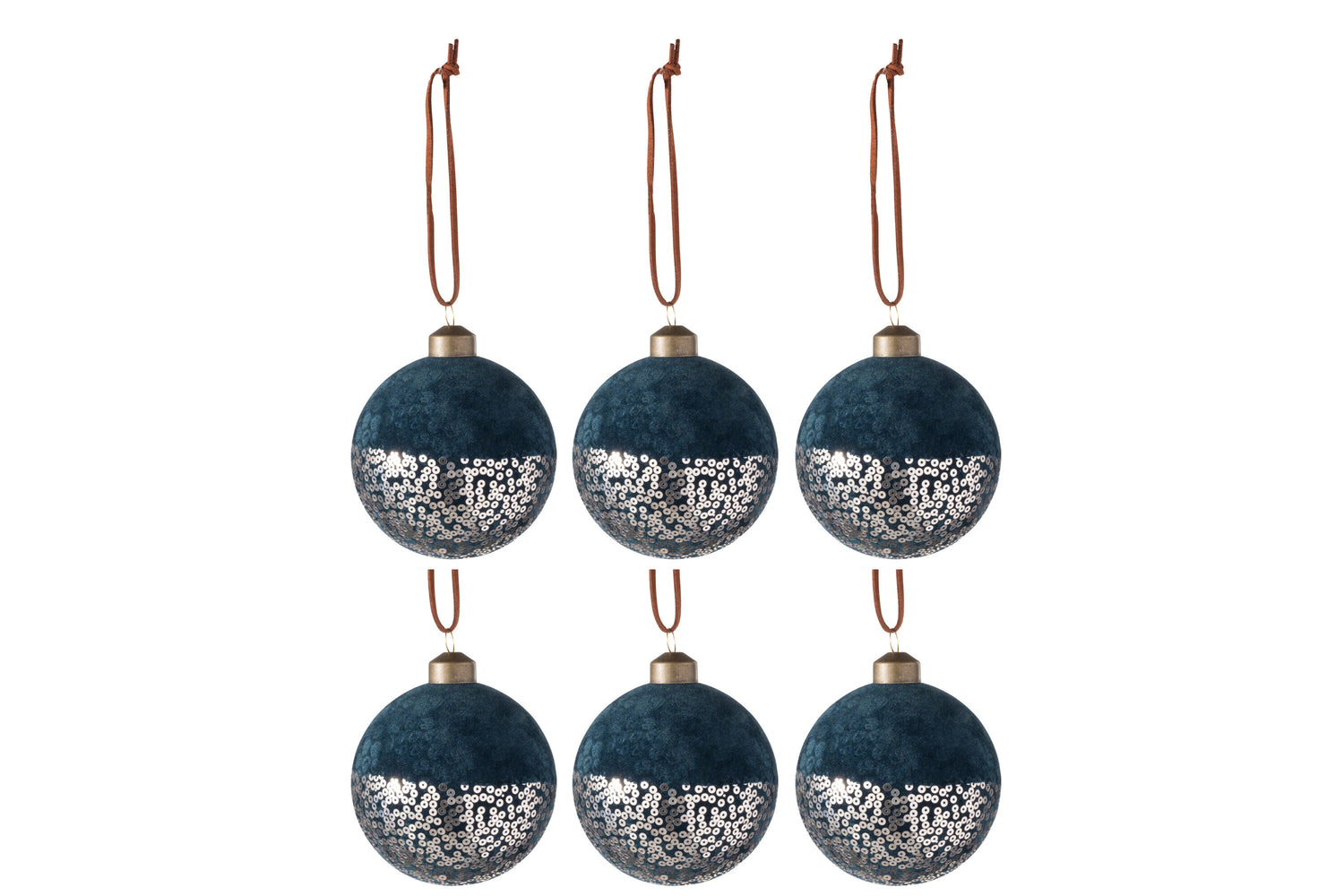 Doos met 6 kerstballen fluweel/pailletten glas blauw/goud klein