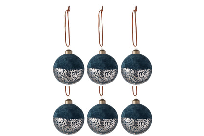 Doos met 6 kerstballen fluweel/pailletten glas blauw/goud klein