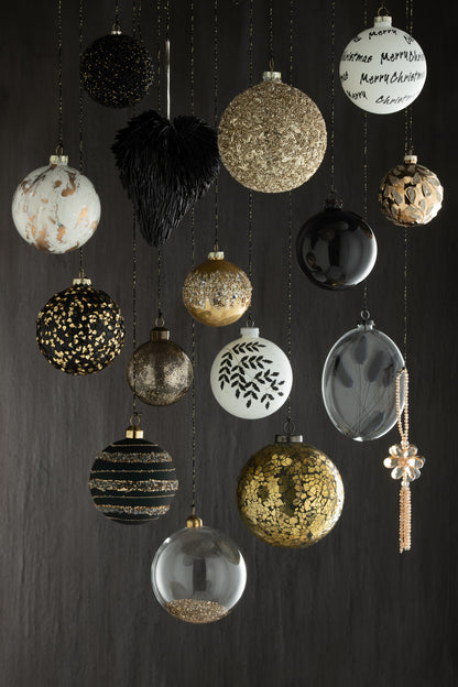 J-Line Box Of 4 Christmas Baubles Sequins Glass Matt Black/Gold Medium