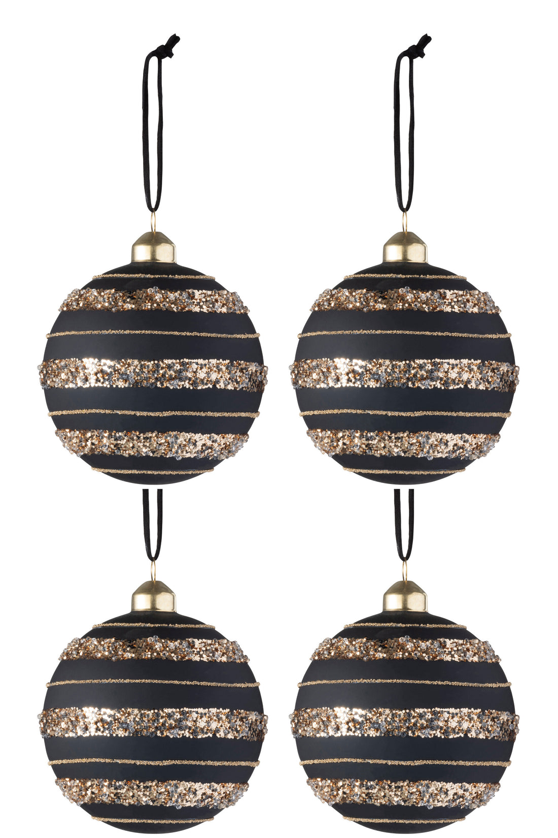 J-Line Box Of 4 Christmas Baubles Sequins Glass Matt Black/Gold Medium