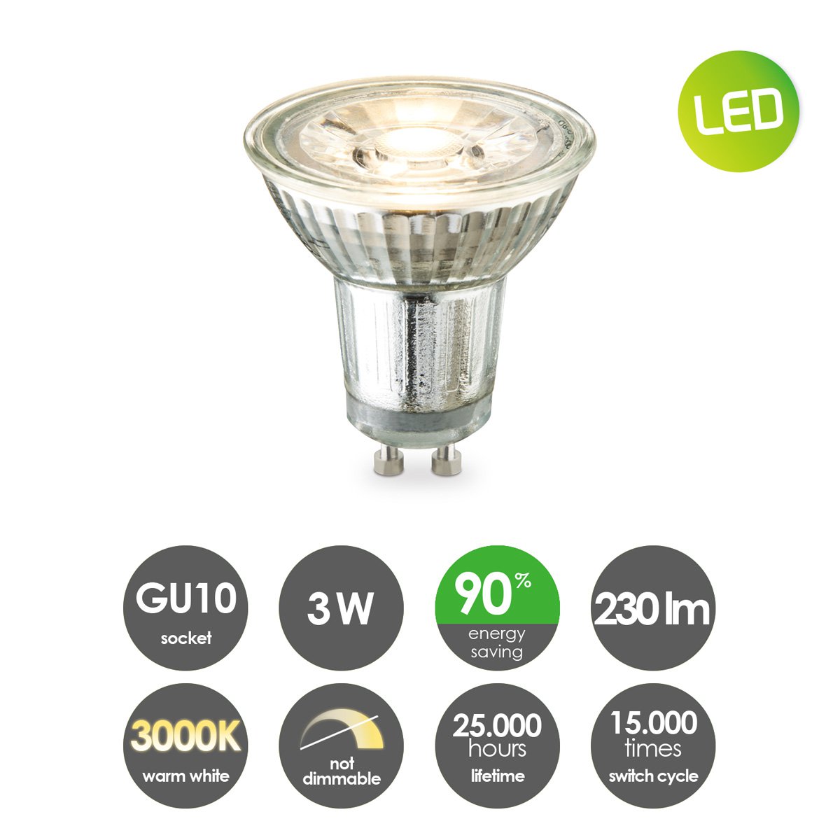 Gu10 Led 3W Non-Dim 230Lm 3000K Warm Wit Licht