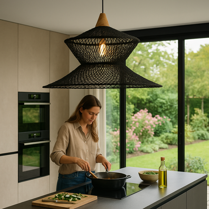 Belvivere Java Noir Weave –  Prachtig gevlochten Rotan Hanglamp in zwart