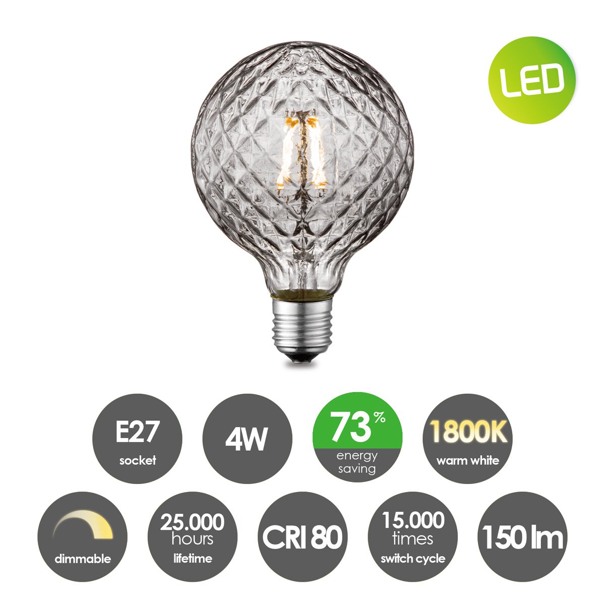 dimbare LED Globe Deco E27 G95 4W 150Lm 1800K Goud