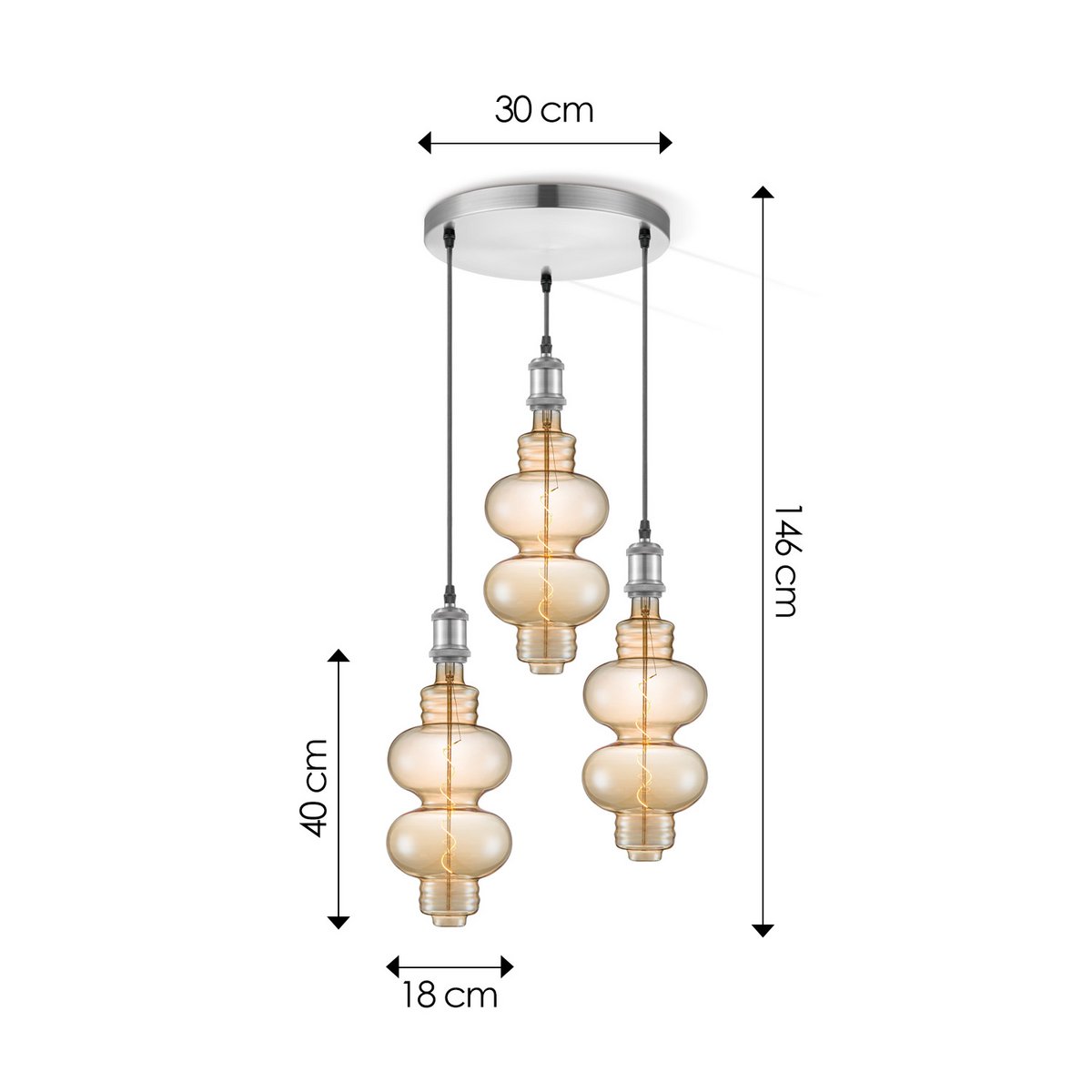 hanglamp chroom rond Diabolo 3L G180 dimbaar E27 amber