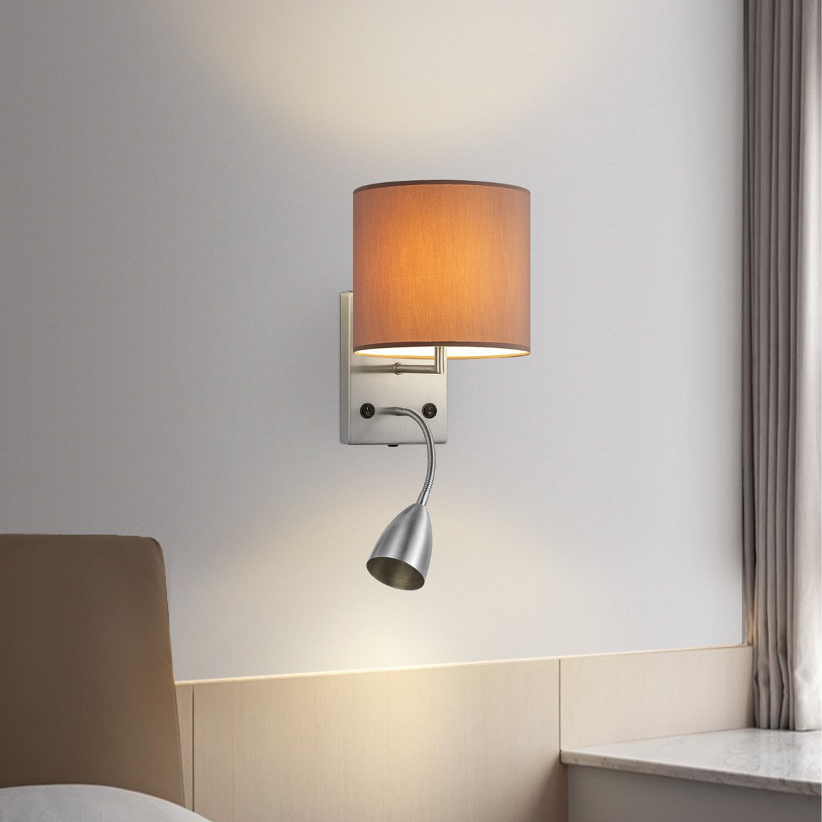 Wandlamp - Read, LED Leeslamp, E27, taupe 20cm