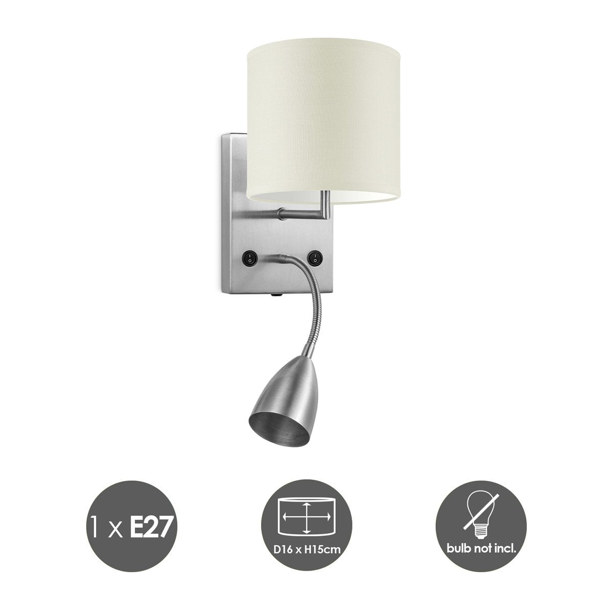 Wandlamp - Read, LED Leeslamp, E27, warm wit 16cm