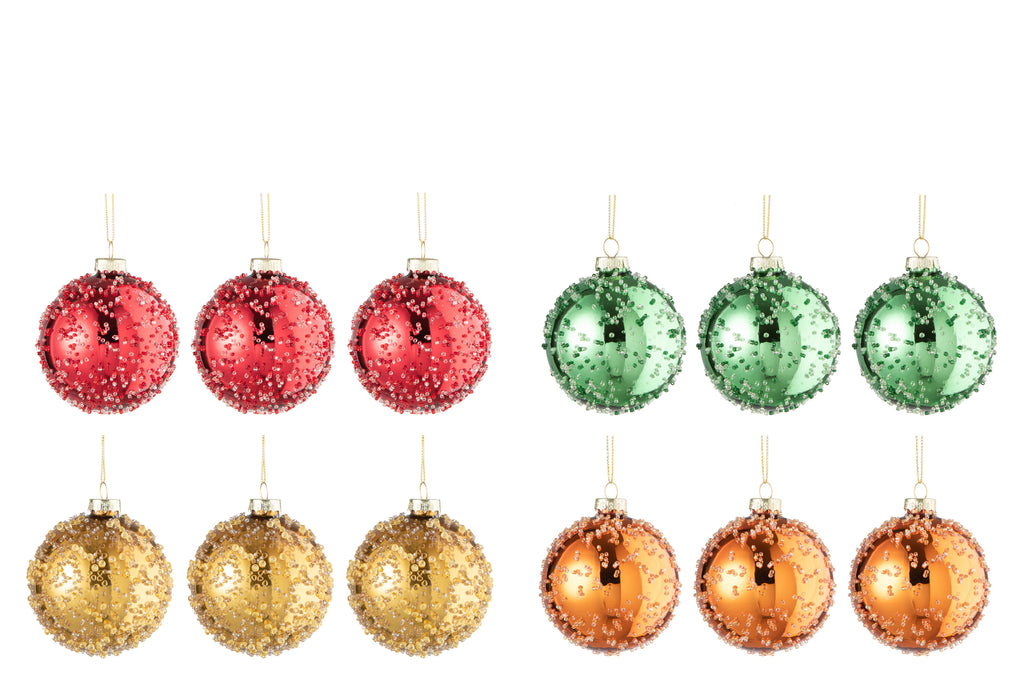 J-Line Box Of 12 Christmas Baubles 3+3+3+3 Pearls Glass Gold/Red/Orange/Green Small