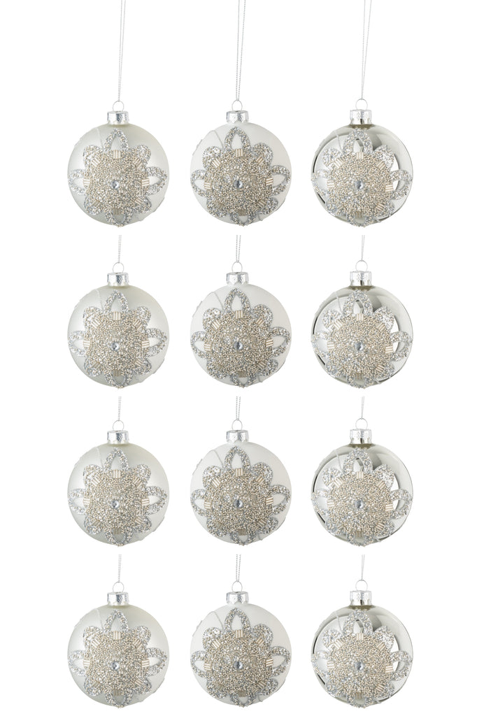 Doos met 12 kerstballen 4+4+4 ornament parels glas mat wit/mat zilver/glans zilver klein