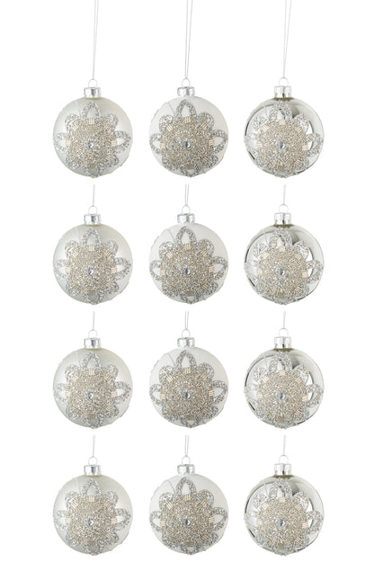 Doos met 12 kerstballen 4+4+4 ornament parels glas mat wit/mat zilver/glans zilver klein