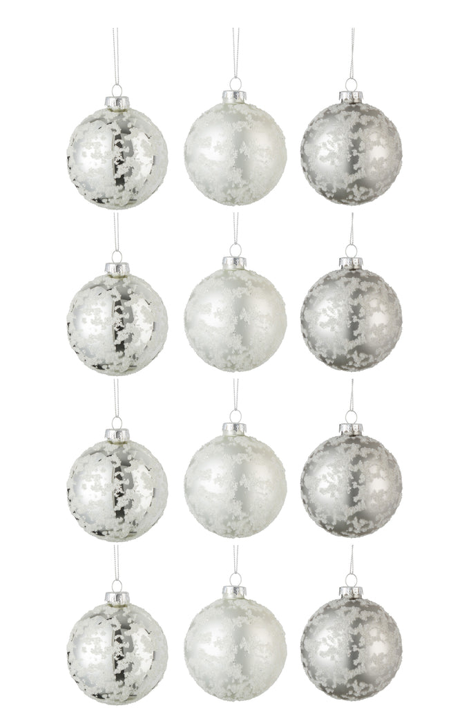 J-Line Box Of 12 Christmas Baubles 4+4+4 Sugar Glass Matte Grey/Matte White/Shining Silver Small