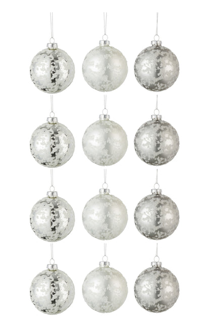 J-Line Box Of 12 Christmas Baubles 4+4+4 Sugar Glass Matte Grey/Matte White/Shining Silver Small