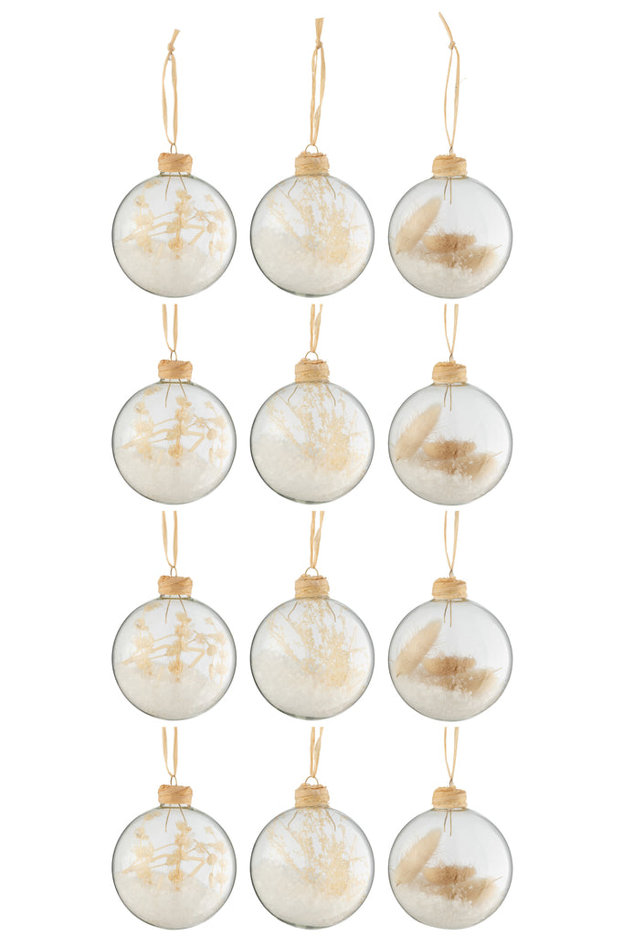 J-Line Box Of 12 Christmas Baubles 4+4+4 Dried Branches Beige Glass Transparent