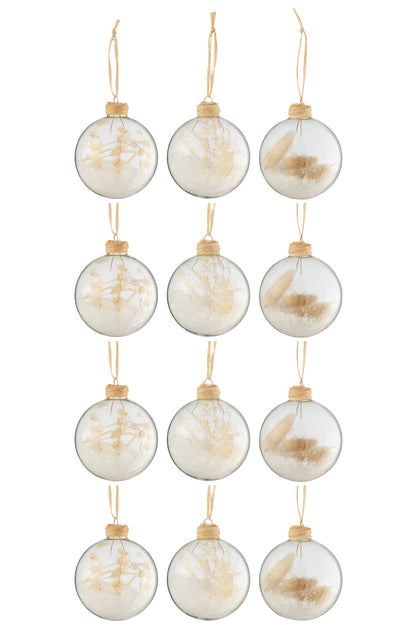 Doos met 12 kerstballen 4+4+4 Gedroogde takken Beige glas Transparant