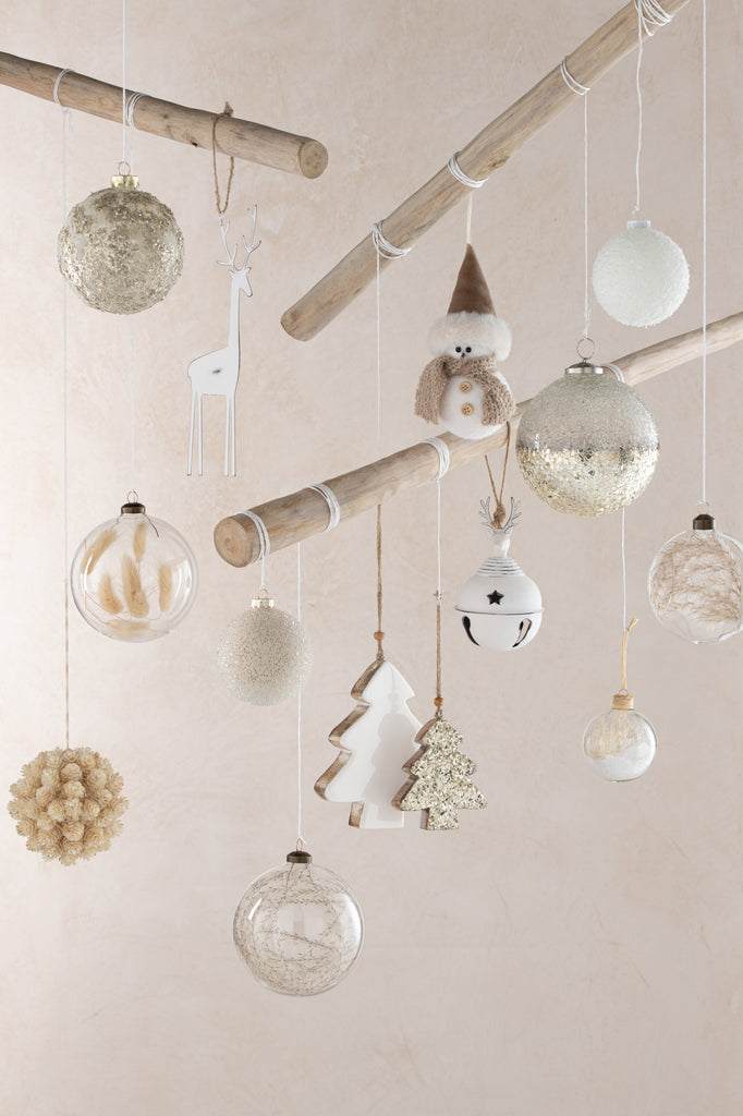 Doos met 12 kerstballen 4+4+4 Gedroogde takken Beige glas Transparant