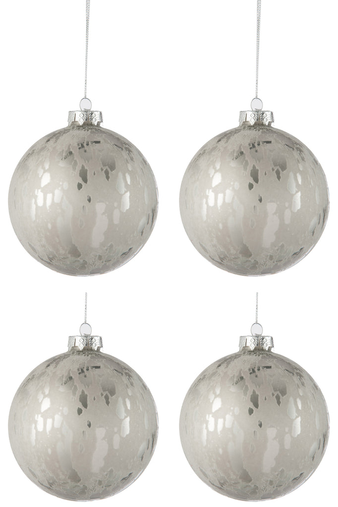 Doos met 4 kerstbal glas glanzend/mat antiek zilver groot