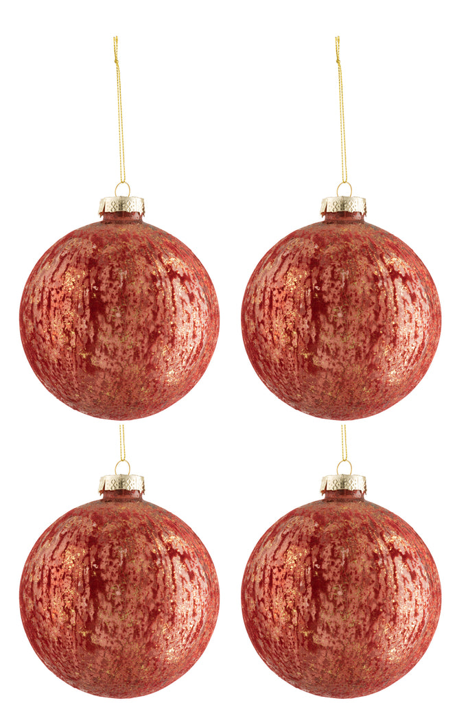 J-Line Doos met 4 kerstballen fluweel glas antiek bordeauxrood/goud groot