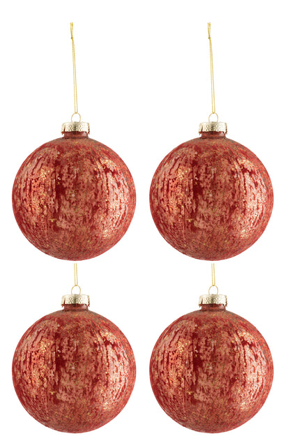 J-Line Doos met 4 kerstballen fluweel glas antiek bordeauxrood/goud groot