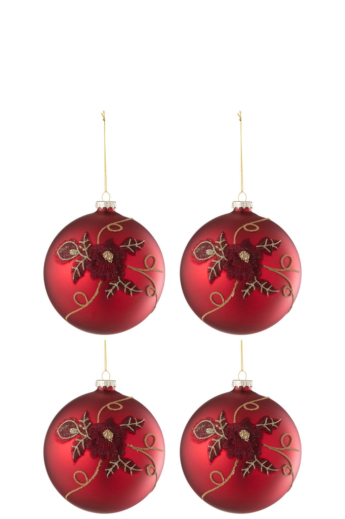 J-Line Box Of4 Christmas Bauble Flower Glass Red Small