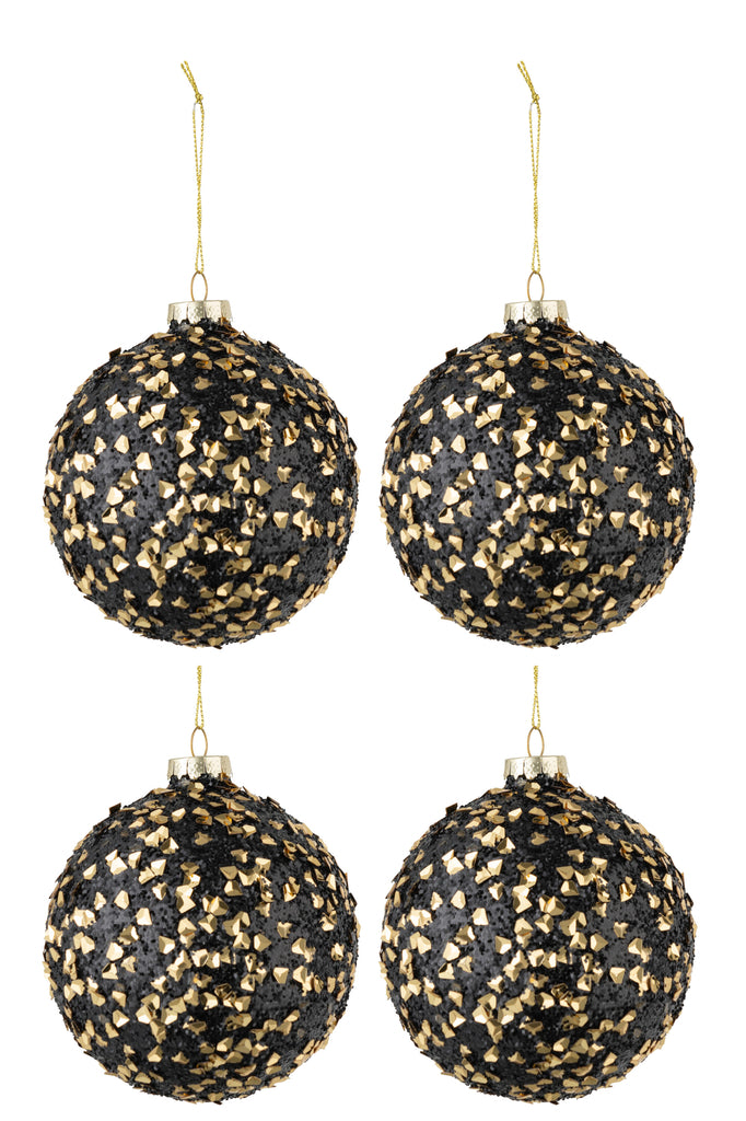 Doos met 4 kerstballen met glitter pailletten glas zwart goud medium