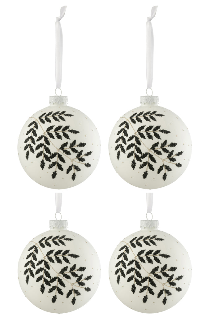 Doos met 4 kerstballen Kerstblad Glitter Groen Glas Wit Middelgroot