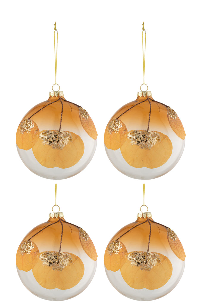 Doos met 4 kerstballen Gedroogd blad Oker+Glitter Glas Transparant Medium