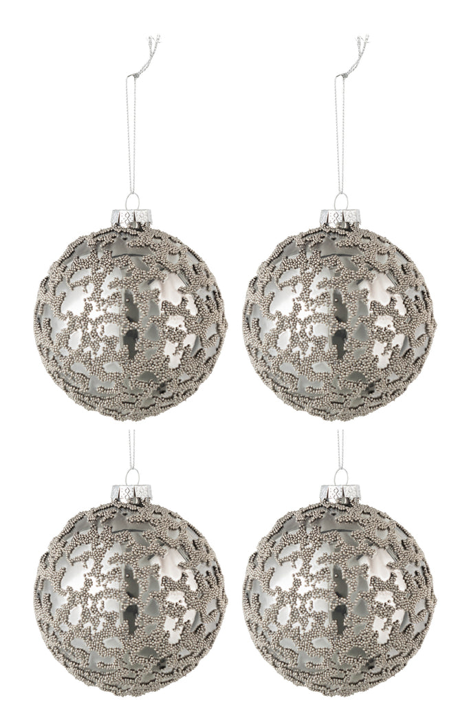 Doos met 4 kerstballen Mini Parels Glas Glanzend Grijs Klein