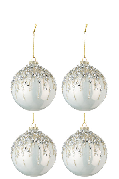 Doos met 4 kerstballen Parel Glitter Glas Parel Wit Middelgroot