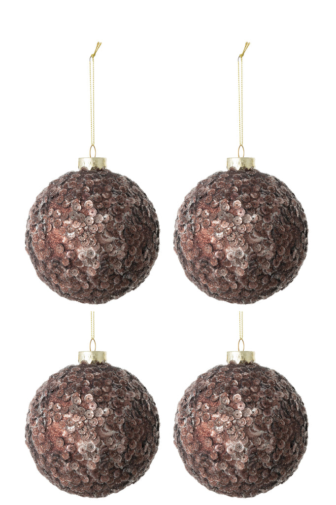 Doos met 4 kerstballen met pailletten, suiker, mat glas, donkerbruin, medium.