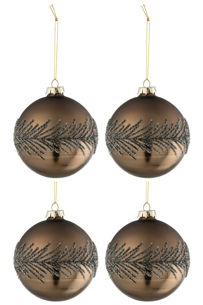 J-Line Doos met 4 kerstballen suikergrijs glas mat bruin medium