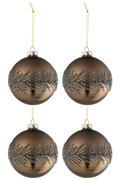 J-Line Doos met 4 kerstballen suikergrijs glas mat bruin medium