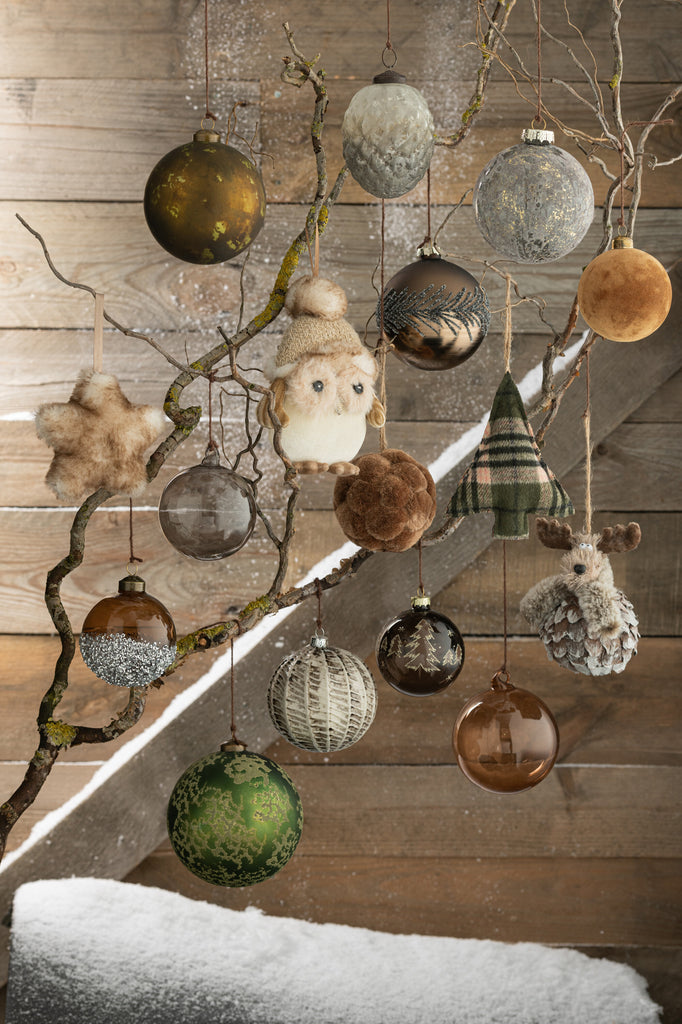J-Line Doos met 4 kerstballen suikergrijs glas mat bruin medium