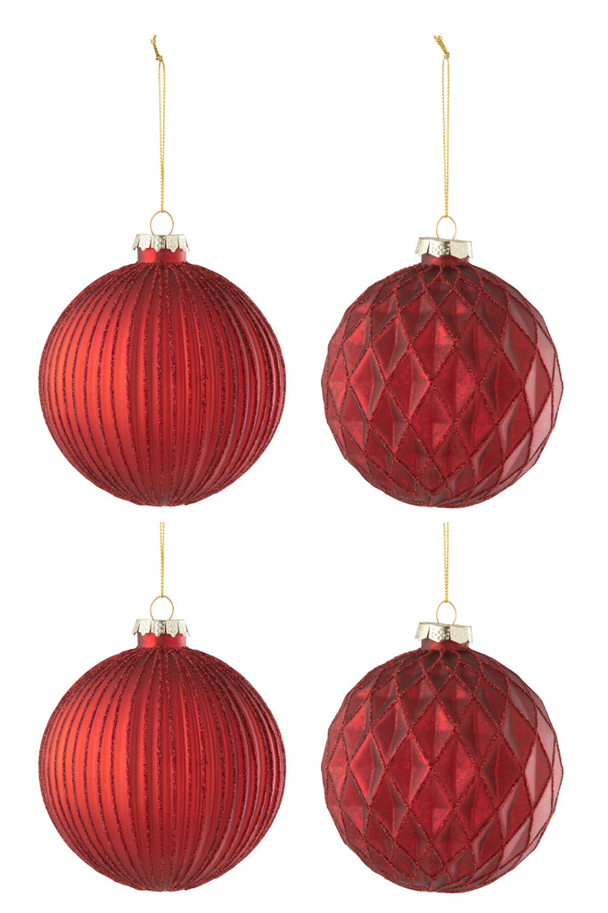 Doos met 4 kerstballen 2+2 geribbeld/ruitvormig glas rood groot