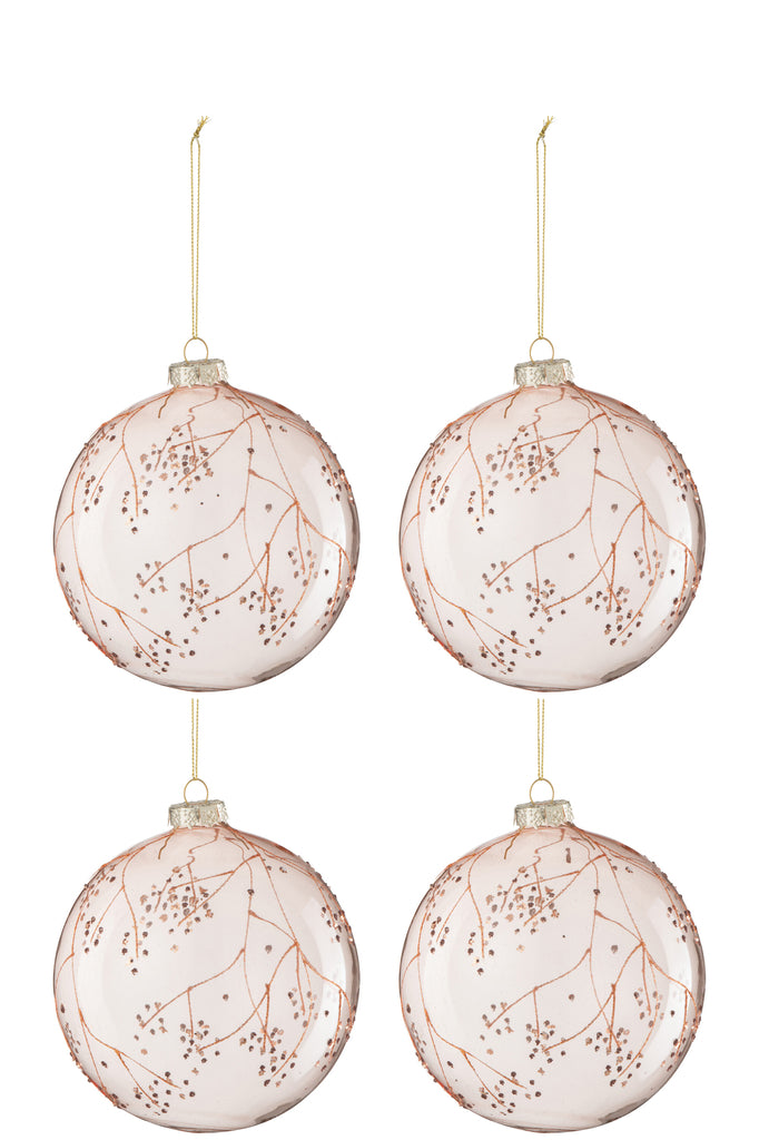 J-Line Doos Van 4 Kerstbal Takken Glas Licht Roze Large