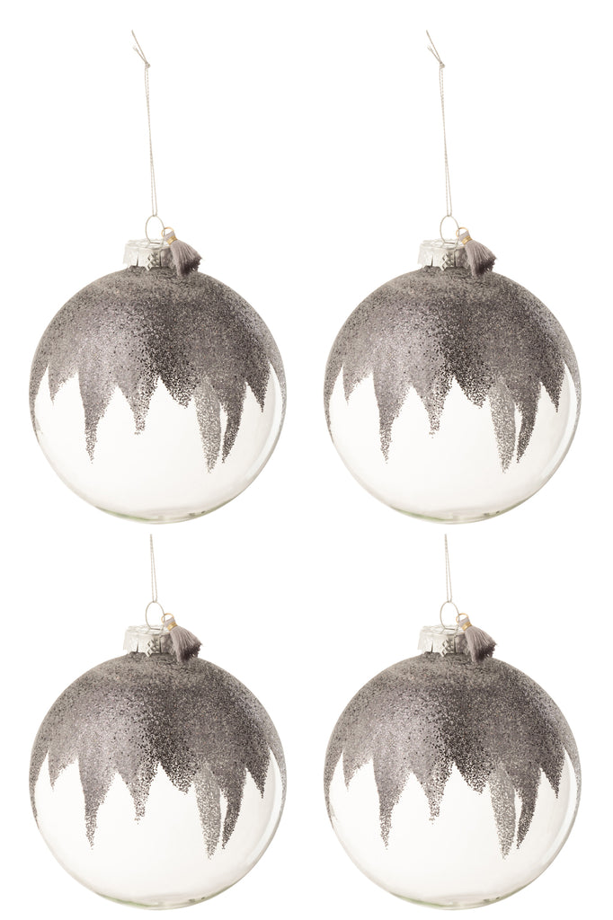 J-Line Box Of 4 Christmas Baubles Glitter Mini Tassel Grey Glass Transparent Large