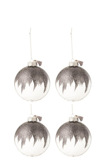 Doos met 4 kerstballen Glitter Mini Kwastje Grijs Glas Transparant Medium