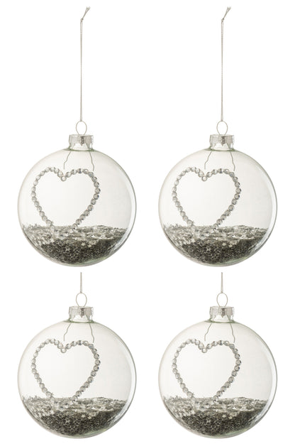 Doos met 4 kerstballen Hart Strass Zilveren Sterren Glas Helder Medium