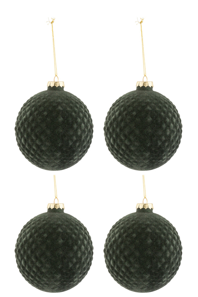 J-Line Doos met 4 kerstballen patroon fluweel glas donkergroen medium