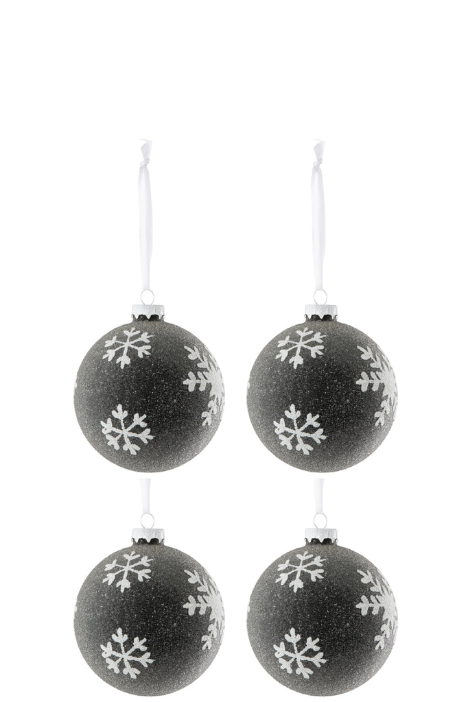J-Line Doos Van 4 Kerstbal Parels+Sneeuwvlok Glas Grijs Donker/Wit Small